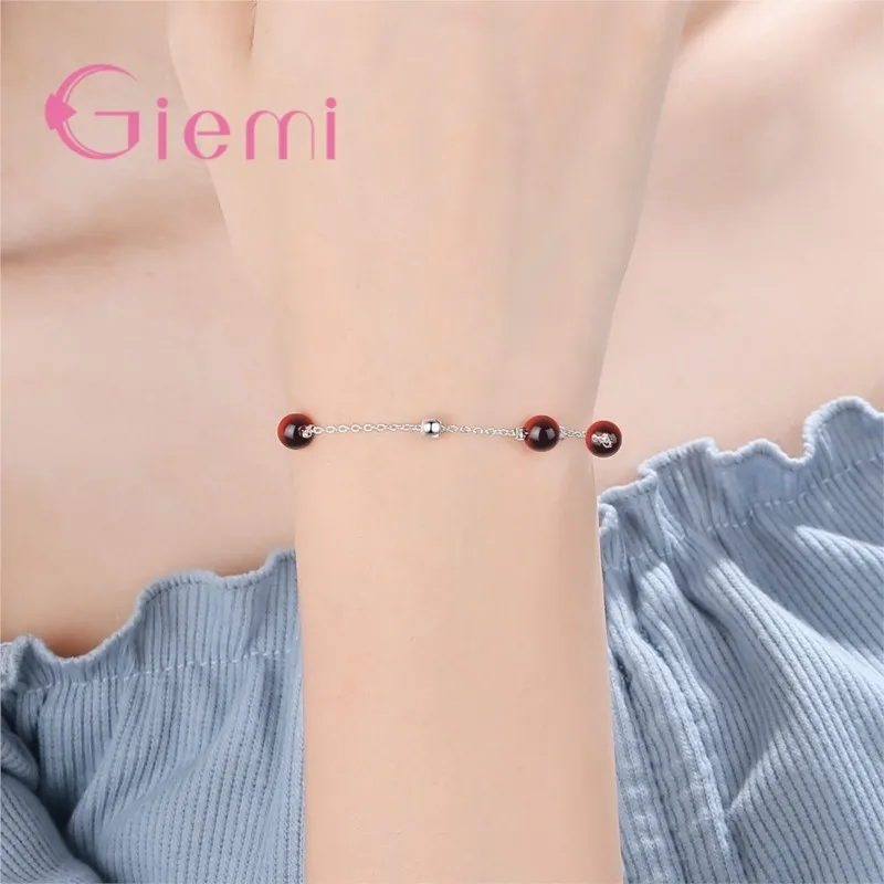 Simple Trendy Cute Red Garnet Luck Fortune Fashion 925 Sterling Silver Braclets For Young Girls Women Annnivery Lovers Gifts