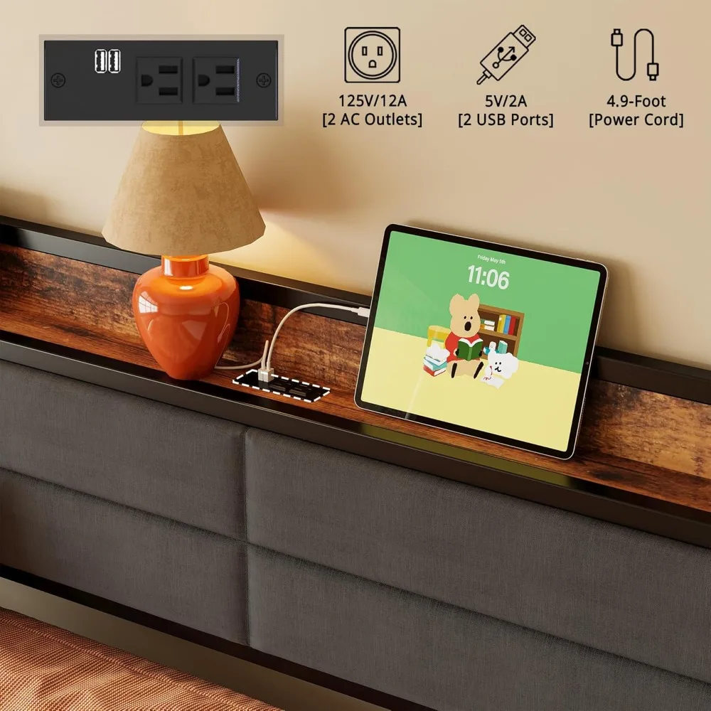 เตียงนอนคู่โลหะแข็งแรงพร้อมหัวเตียงหุ้มเบาะ เตียงเสริม และแท่นชาร์จสำหรับพื้นที่ใช้สอยและห้องนอน