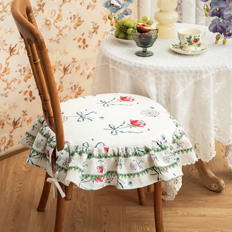 French Chair Cushion Linen Waterproof Dining Chair Cover Ruffled Elegant Retro Rose Decor Non-Slip Removable Washable Cushion