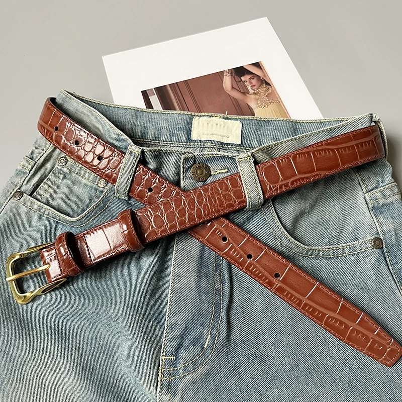 Cowhide Gold-Plated Buckle Belt Original Retro Classic Embossed Ladies Crocodile Belt Versatile Genuine Leather Trend 2.8cm Widt