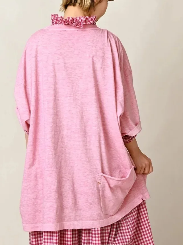 Summer New Style Japanese Small Audience Back Pocket Design R Embroidery T-Shirt Bamboo Cotton Loose Shape Short Sleeve Dress