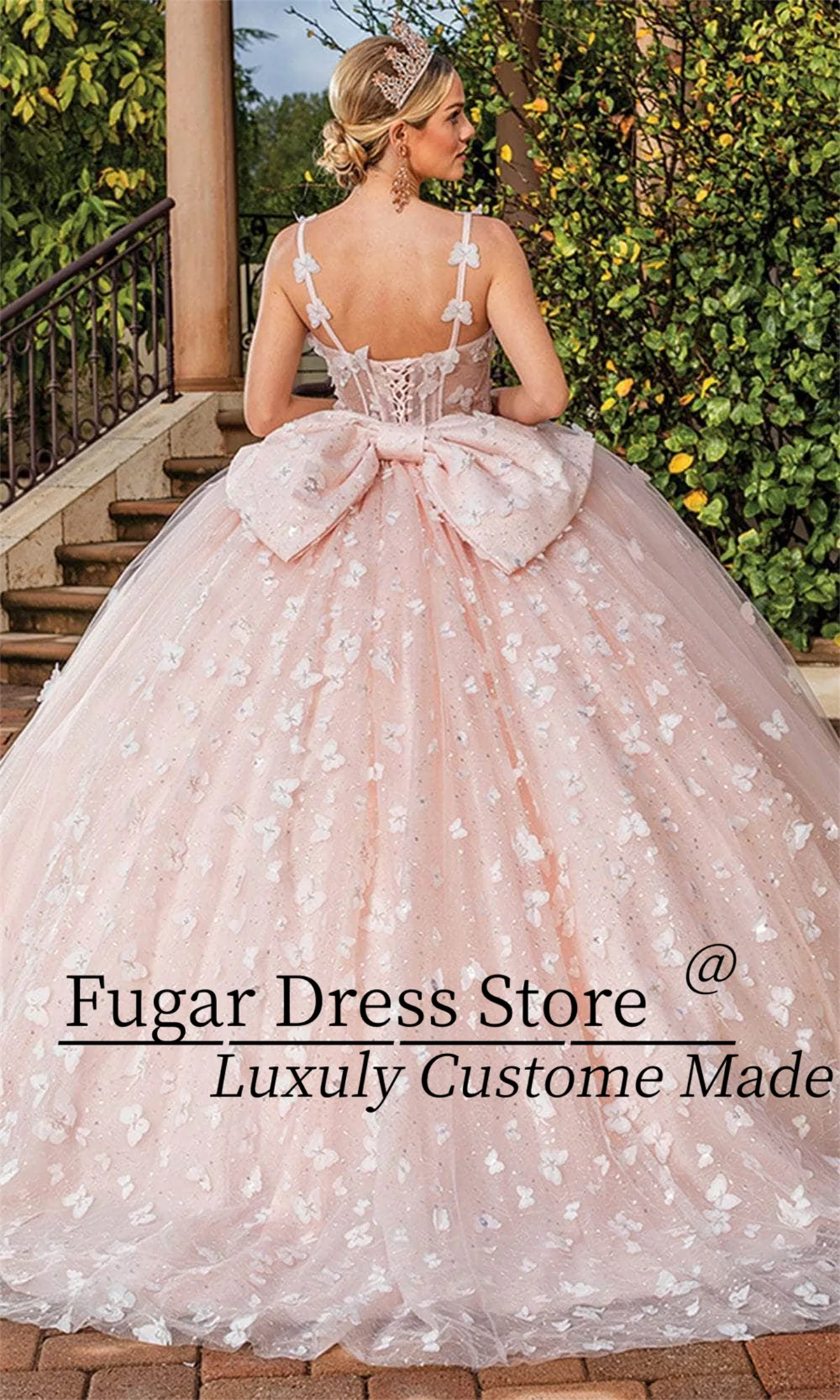 カスタマイズされたプリンセスキンセニエラドレスファッションバタフライアップリケシアーコルセットボーンオーバーサイズボウスイート15ガールズボールガウン