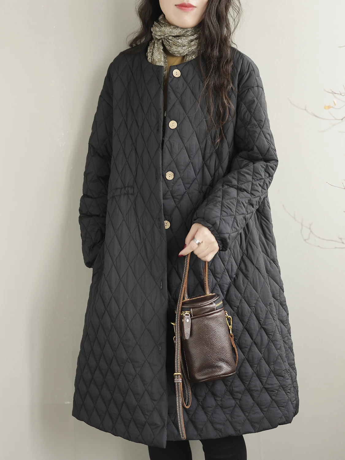 

Authentic 2025 New Sle Cotton Jaet Midi Length Commute Diamond Pattern Color Faion Outerwear Women's Clothing