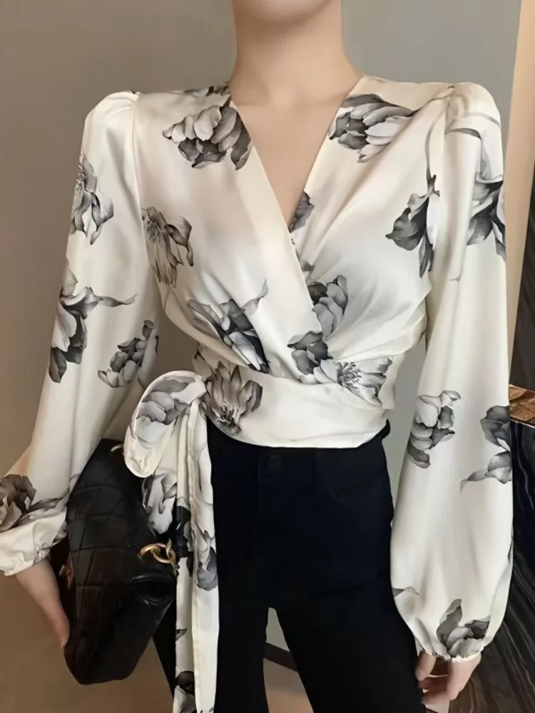 Pretty and Cheap Women\'s Blouse Sexy Asymmetrical Cool Floral Beautiful Top Ruffle Chiffon Trends Satin Shirt Woman Youth Casual