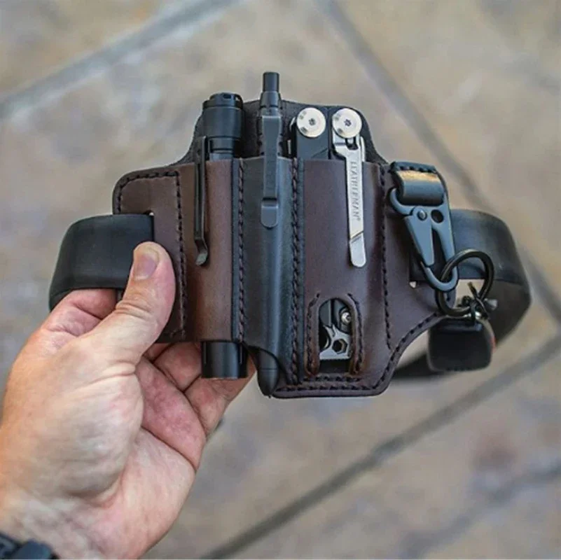 EDC herramienta de cuero para exteriores, funda para cuchillo, bolsillos, soporte multiherramientas, organizador esencial, bolsa para cinturón, bolsillo, linterna táctica para caza