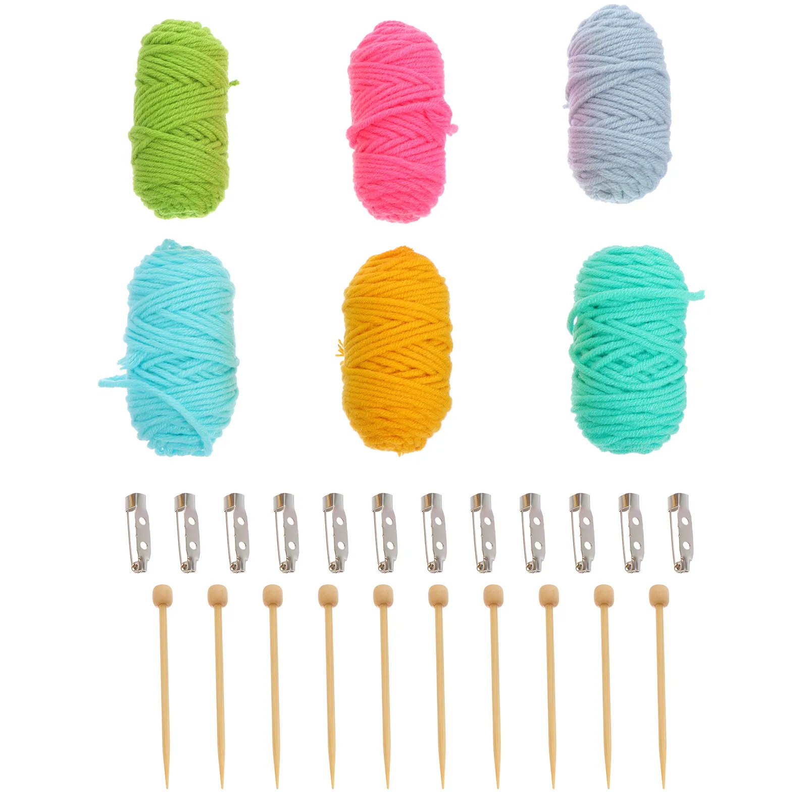 Kit de 1 Juego para Hacer Broches DIY con Agujas de Tejer de Madera, Hilo de Lana y Broches Metálicos para Joyería Hecha a Mano, Manualidades y Bordado
