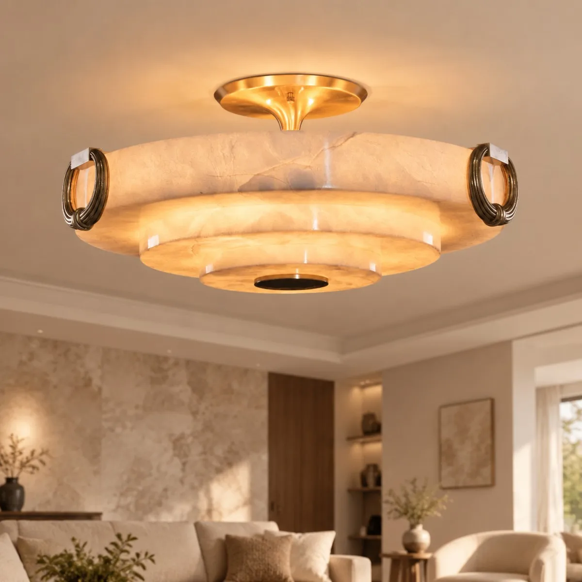 Art Deco 2026 Natural Alabaster Ceiling Light Tiered Marble Shade Vintage Brass Ring Flush Mount Lamp for Living Room Foyer