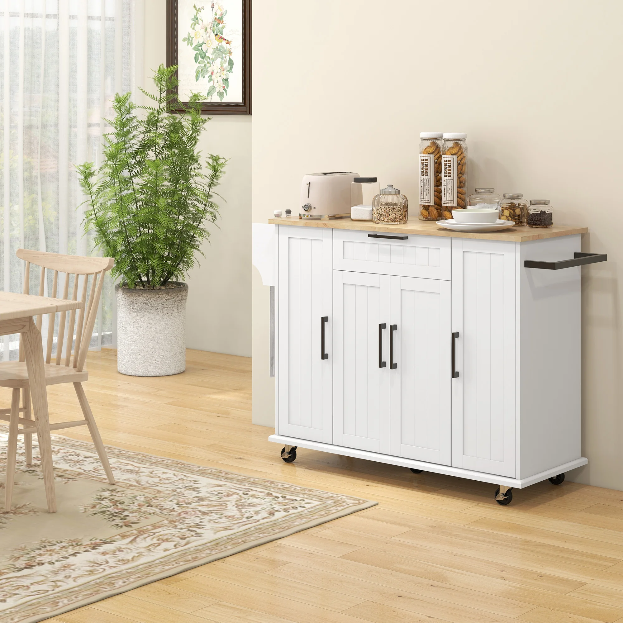 Homcom Kitchen Island on Wheels, Kitchen Cart with Solid Wood Top, White