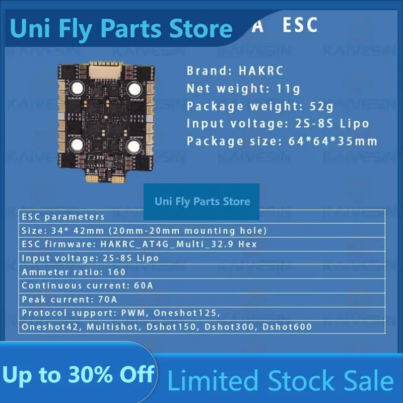UniFlyBLHeli_32 3220 60A 4 IN 1 ESC 2-8s Dshot Fpv Racing Accessories Flight Controller Parts
