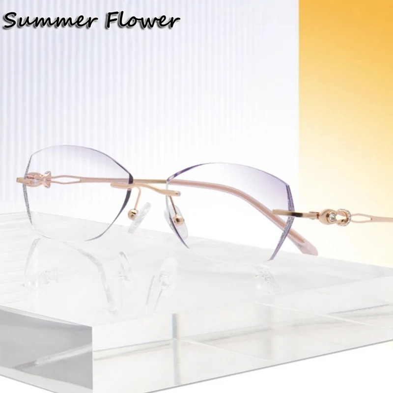 

Women Rimless Eyeglass Titanium Gradient Colored Trendy Elegant Prescription Glasses Lady Diamonds Glass Fashion Gafas