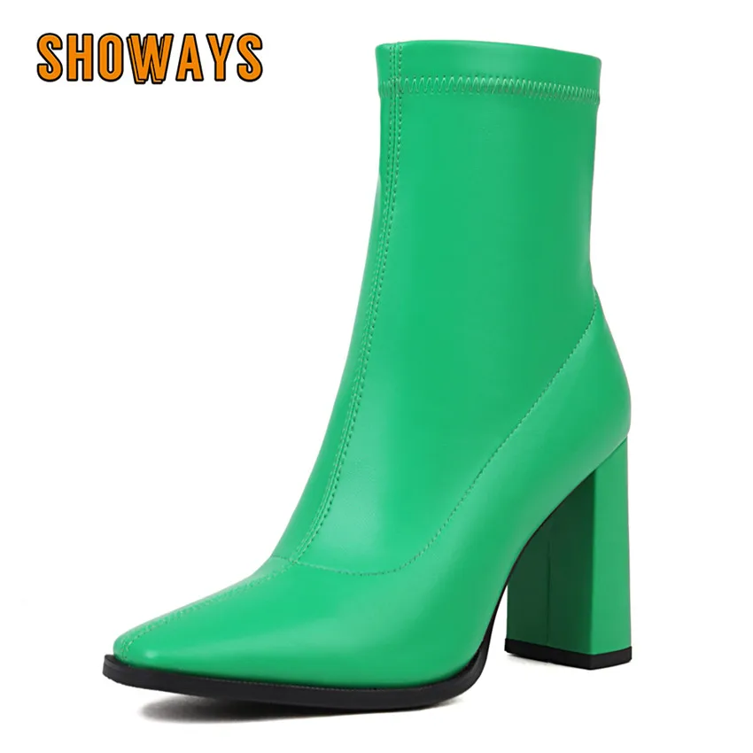 

Winter Dress Office Ladies Ankle Boots Black Green Microfiber High Block Heels Concise Autumn Plush Square Toe Women Short Boots