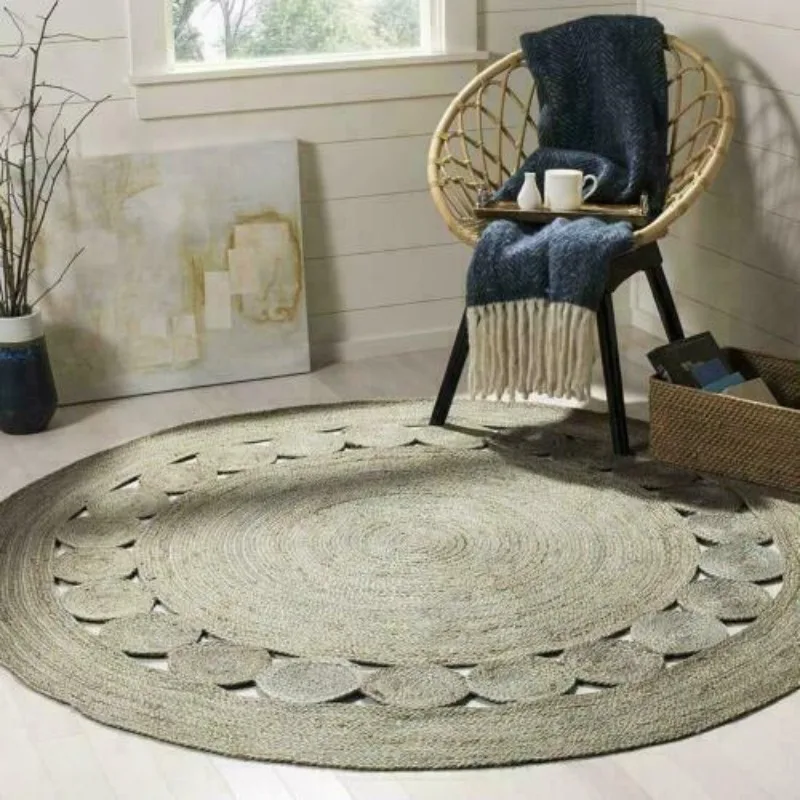 

Grey Rug 100% Natural Jute Braided Style Round Carpet Reversible Living Area Rug