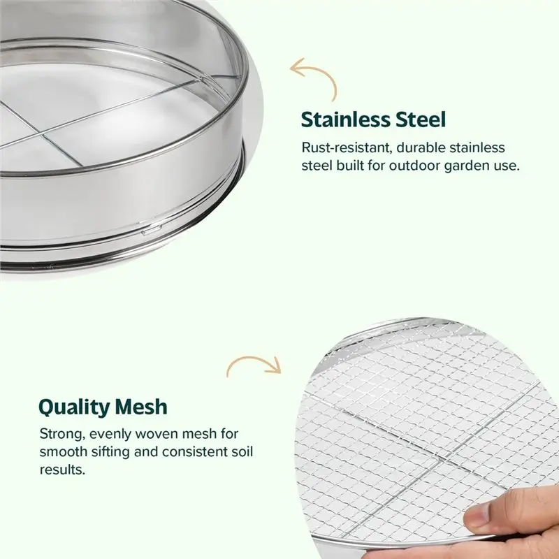 A25F-Stainless Steel Garden Sieve With 5 Interchangeable Mesh Inserts (3-12Mm), Metal Soil Riddle Sifter For Stone Compost