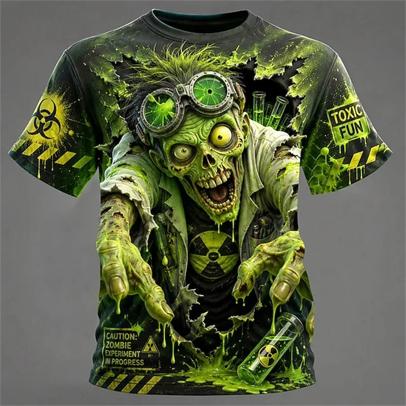 Funny Zombie 3D Print T‑Shirt Coffee Cup Humorous Graphic Short Sleeve Halloween Crew Neck Casual Street Tee Party Tops