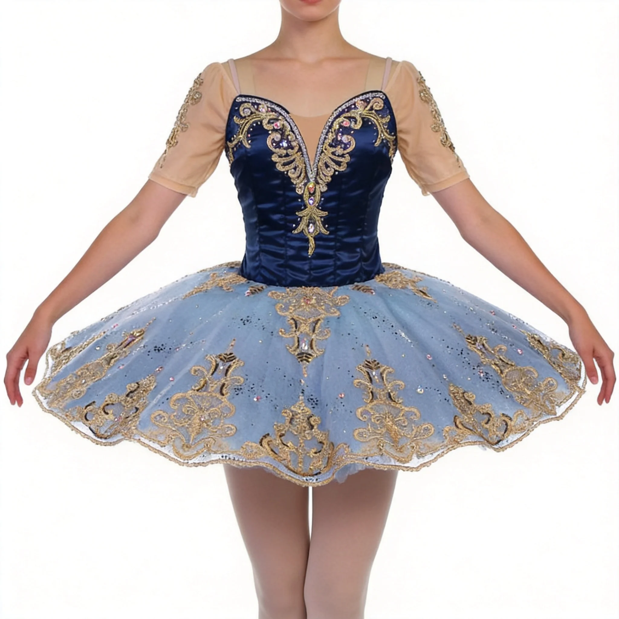 Raymonda Variation Ballet Tutu for Kids & Adults, Professional Navy Blue Competition Dance Costume with Gold Lace