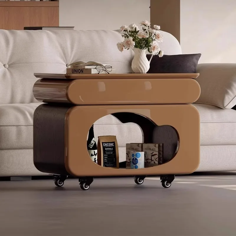 Italian Style Minimalist Modern Light  Movable Lifting Trolley Painted Edge Cabinet Cart Sofa Coffee Table Side Table