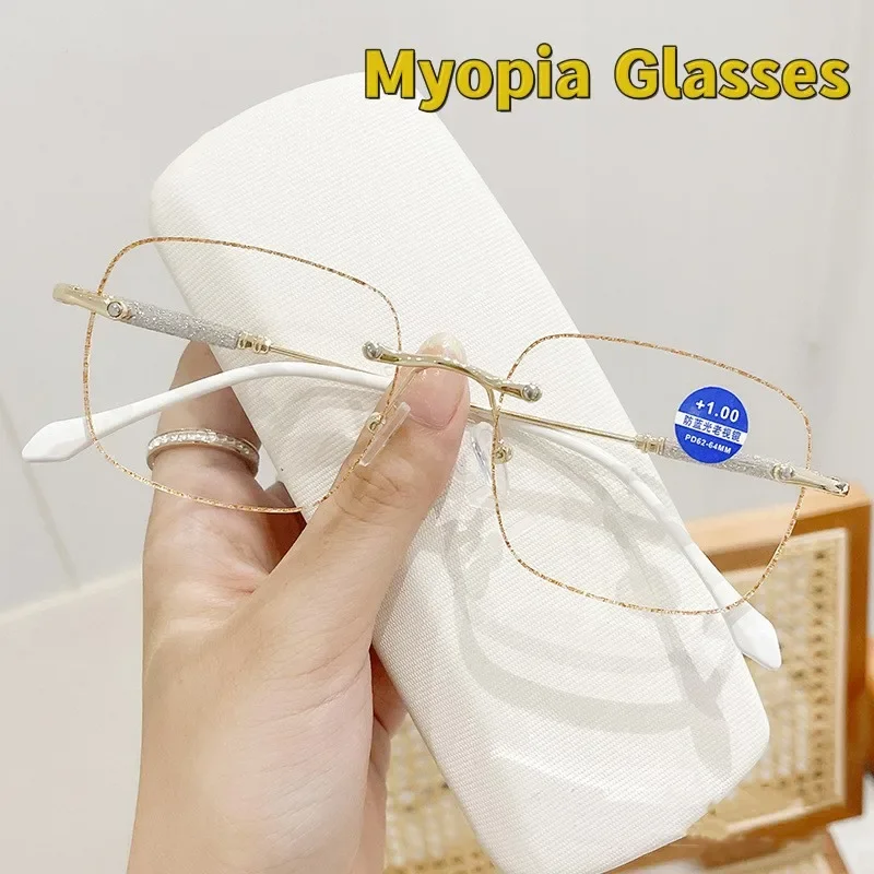 

Women's Luxury Rimless Myopia Glasses Unisex Large Square Diamond Eyeglasses Trendy Minus Diopter Blue Light Blocking Eyewear
