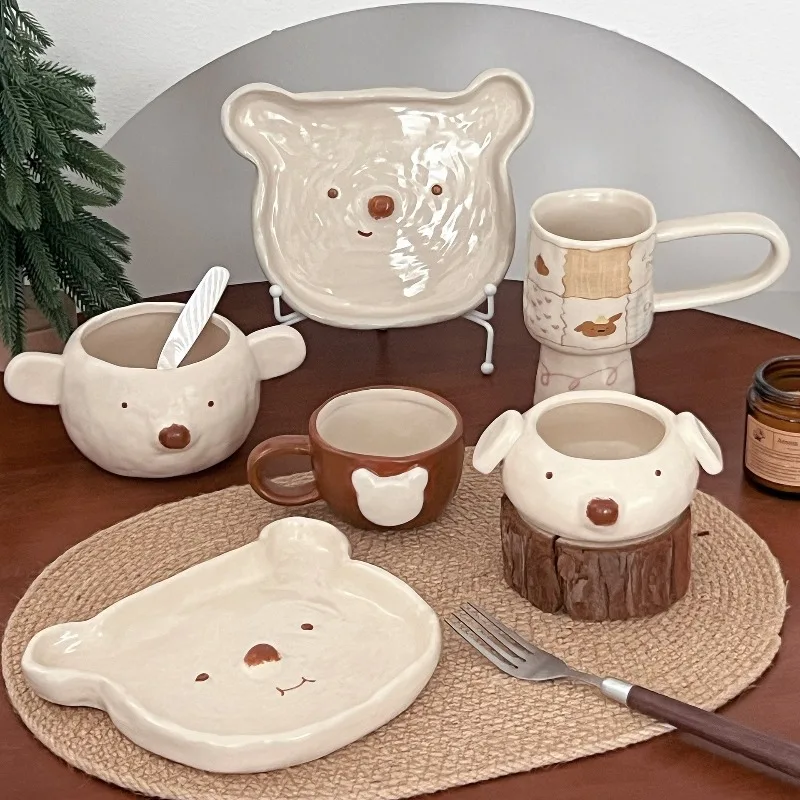 Korean Style Three Little Bear Cartoon Bowls Cute Tableware Cartoon Household Thickened Ceramic Bowl Plate Cutlery Set Soup Bowl