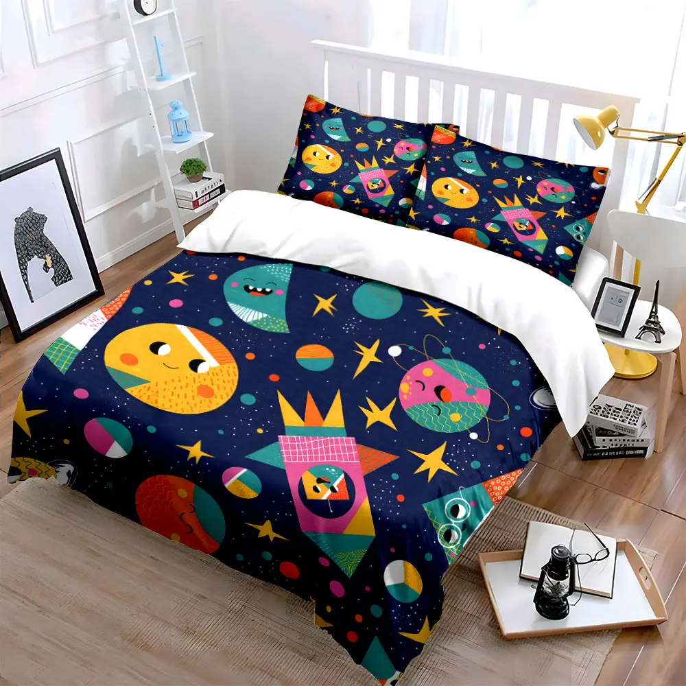 Cartoon Space with Cute Planets Bedding Set for Kids Luxury Gift 3pcs Digital Print Comforter Set Soft Comfortable Breathable