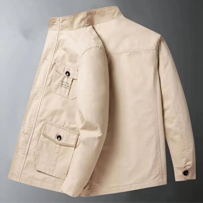 Men's Spring Autumn Workwear Jacket Thin Design Multiple Pockets Handsome Windbreaker Middle-Aged Men's Top Fashion Coat