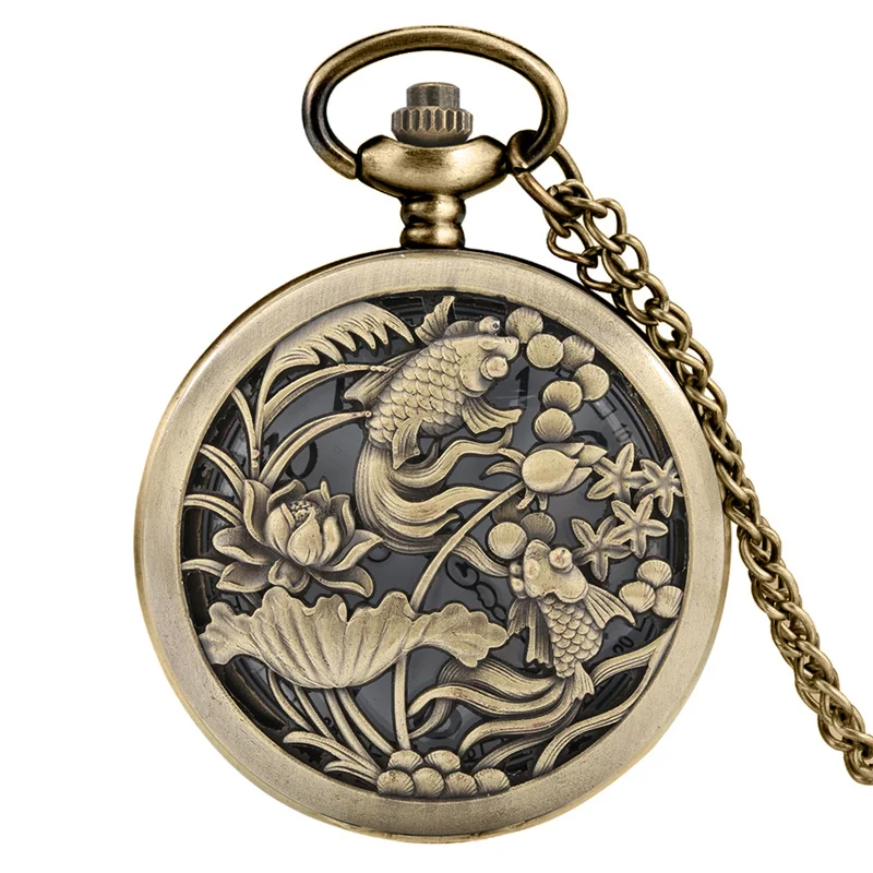 

Retro Antique Style Hollow Carp Lotus Design Arabic Numeral Analog Quartz Pocket Watch Necklace Chain Gift to Fishing Lovers