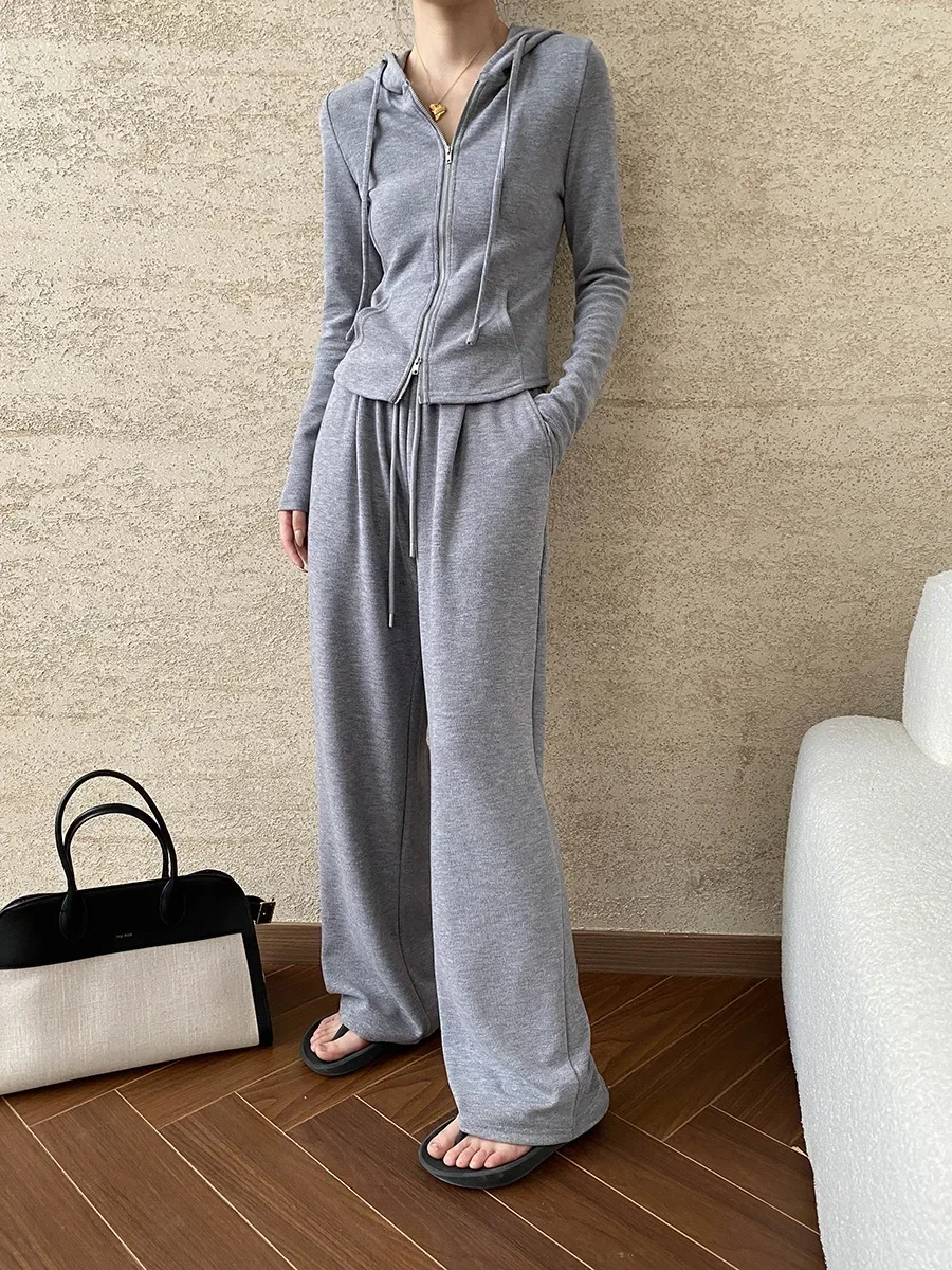 Fashionable pinch waist style gray gray hooded double zipper jacket and casual pants two sets