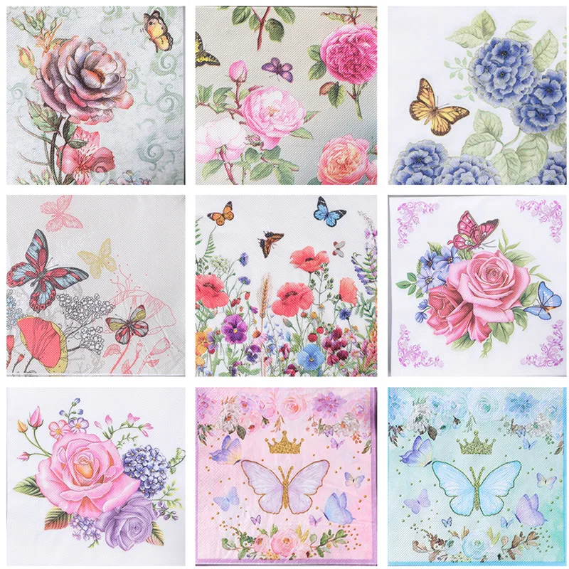 20Pcs/pack Rose Flower Butterfly Printed Paper Disposable Tableware Napkin Tissues Wedding Party Decoration