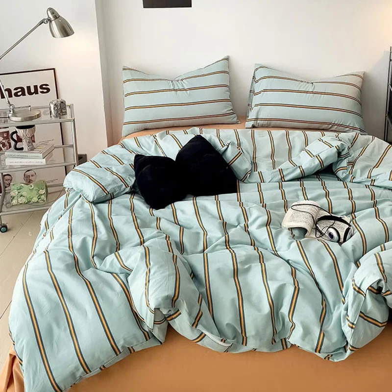 Luxury 100% Cotton Striped Bed Sets Japanese Printing Skin-Friendly Bedding Set Soft Single Fitted Sheet Kit with Quilt Cover