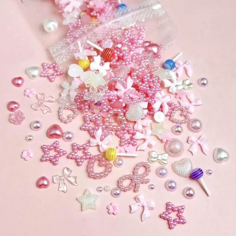 100Pcs/Bag Cute Bow Flower Star Heart Nail Charms Randomly Mixed Sweet Hollow Pearl Heart Nail Art Decorations Accessories