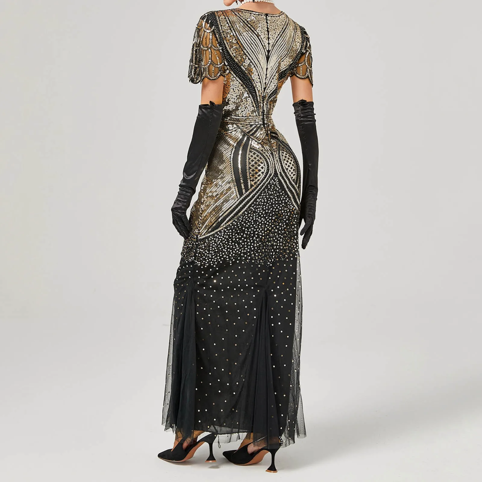 Damen Flapper Kleider 1920er Jahre Pailletten Art Deco Gatsby Cocktailkleid mit Ärmeln Sexy V-Ausschnitt Fransen Kostüm