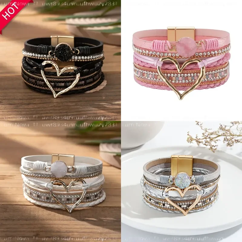 Bohemian Magnetic Clasp Multi Layer PU Leather Bracelet Exaggerated Heart Stone Wide Cuff Statement Piece Festival Everyday