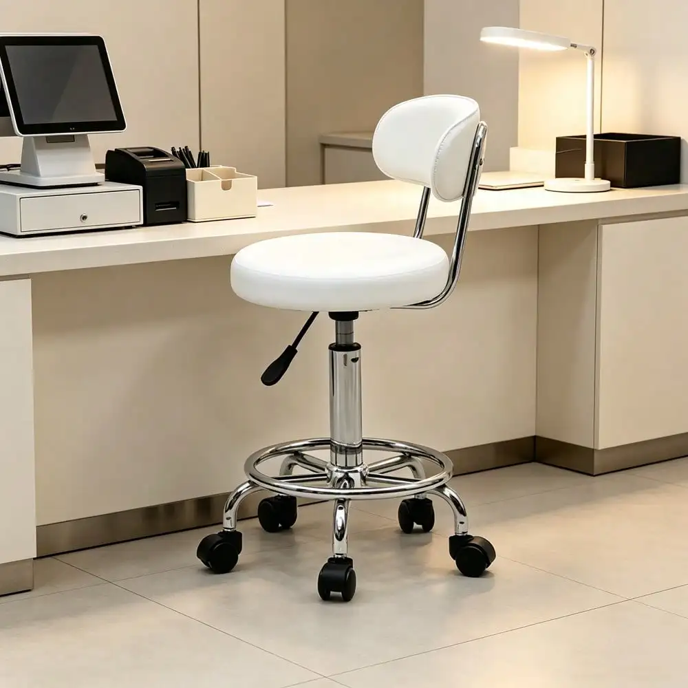 White Round Rolling Office Stool with Backrest Height Adjustable Padded Seat for Home Office Reception