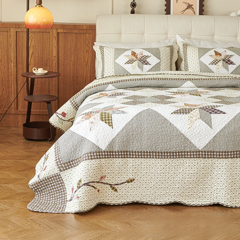 

Applique Cotton Quilted Bedding Set 4pcs Queen Size Handmade Patchwork Craft Lightweight Bedspread Quilt Set 3PC Home Decor