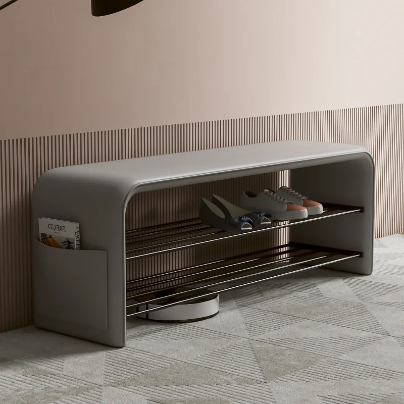 Italian light luxury bench double-layer shoe rack version high-end leather door shoe change stool shoe cabinet bedroom integrate image 3