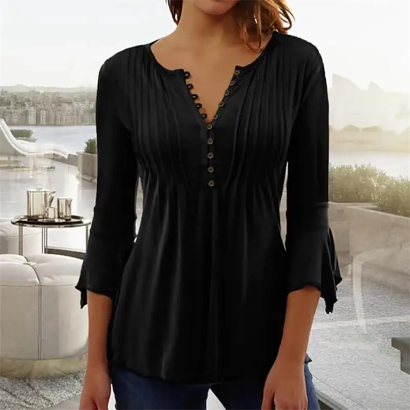 2024 New Hot Popular Summer Spring Women's Pull Fold Button V-Neck Fashion Sexy T-Shirt Daily Wear Clothes Party Office T-shirts