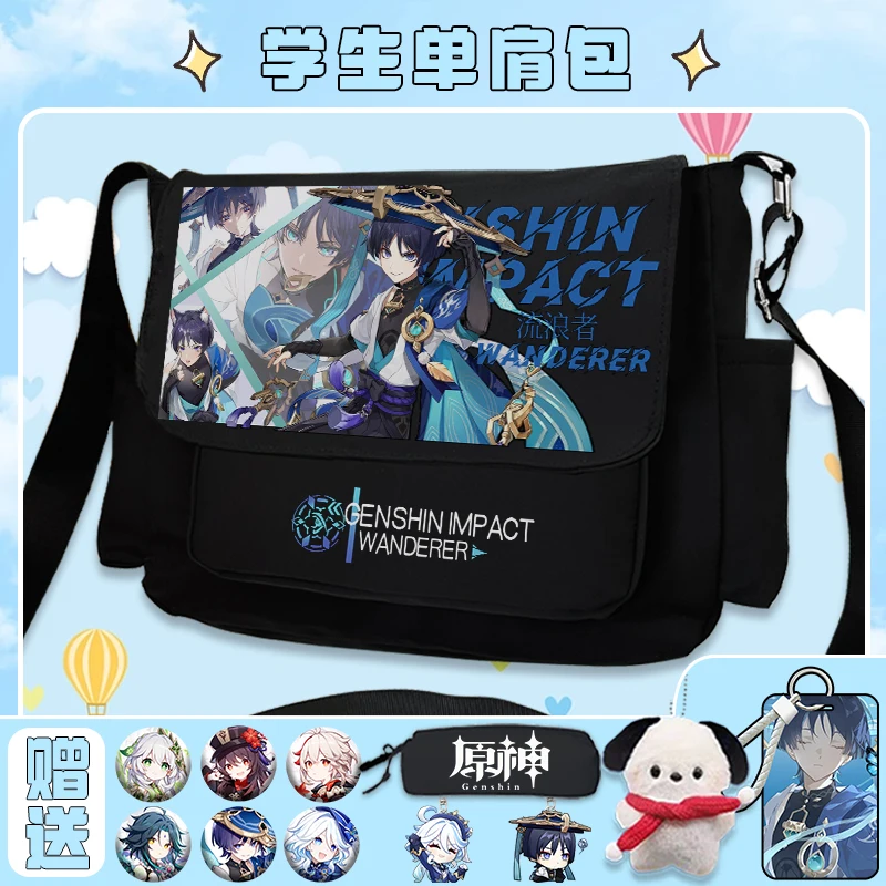 Genshin Impact Scaramouche Anime odznaka torba na ramię czarny biały Messenger kreskówka z przednim zamkiem błyskawicznym odznaki Crossbody