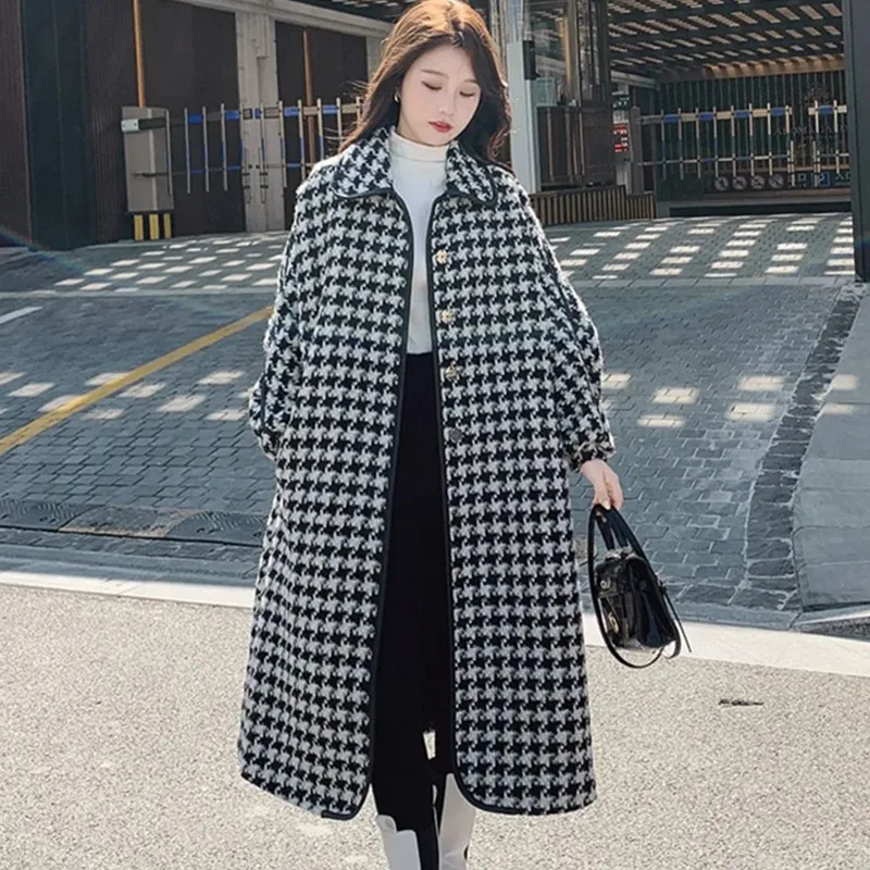 

Thousand Bird Plaid Woolen Coat Women's 2024 Winter Thicken New Korean Loose Temperament Windbreak Coats Female Long Overcoat