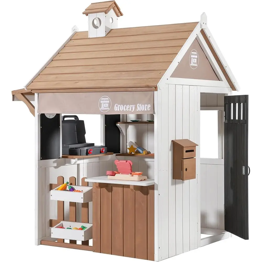 

2-in-1 Kids Outdoor Playhouse, CeWooden Grocery Store and Station, Includes Play ood Cash Register Chalkboard and Mailbox, Imagi