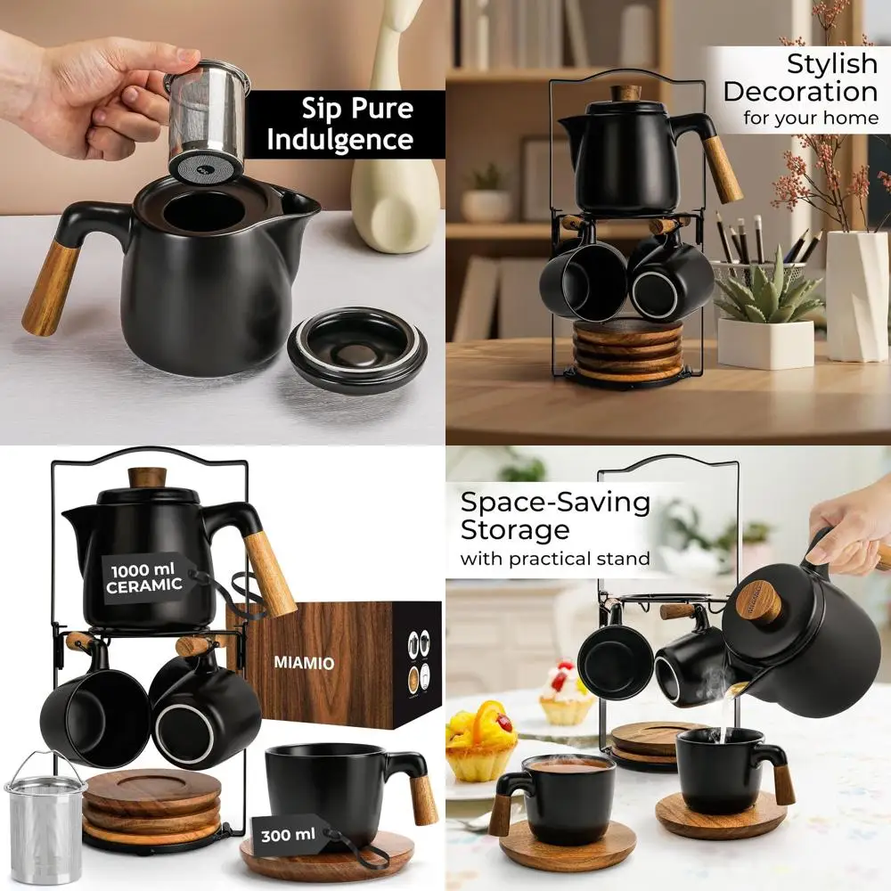 

Ceramic Tea Pot Set with Infuser, 4 Mugs, Bamboo Saucers & Strainer for Home and Office Use