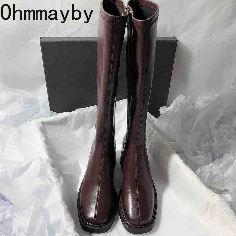 Vintage Thick Heel Women Knee High Boots Fashion Side Zippers Shoes Autumn Winter Ladies Concise Long Botas De Mujer