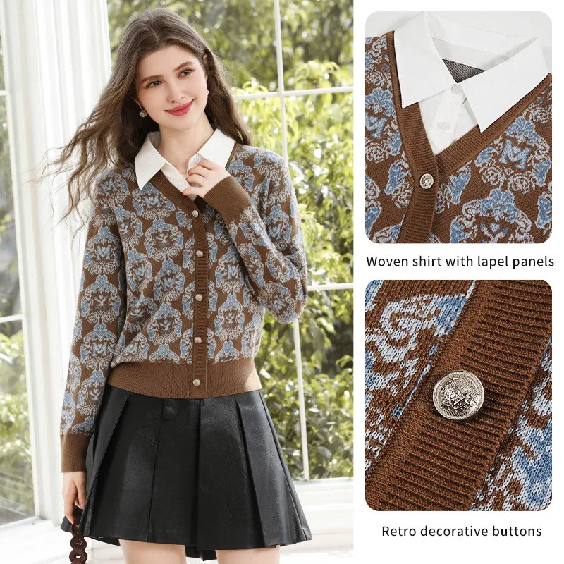 I BELIEVE YOU Wool Blend Fake Two-Piece Knit Sweater 2026 Autumn Lapel V Neck Tops Vintage Jacquard Elegant Knitwear 2263126411