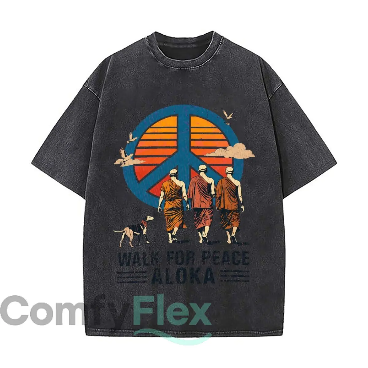 Camisetas holgadas de estilo urbano con diseño vintage desgastado de Walk For Peace Aloka Monks Dog Peace Sign Sunset para el campus