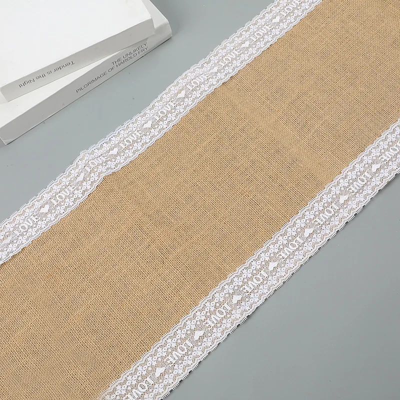 

Jute Table Runner Vintage Natural Burlap Lace LOVE Table Cover for Wedding Decoration Birthday Party Restaurant Table Cover Mat