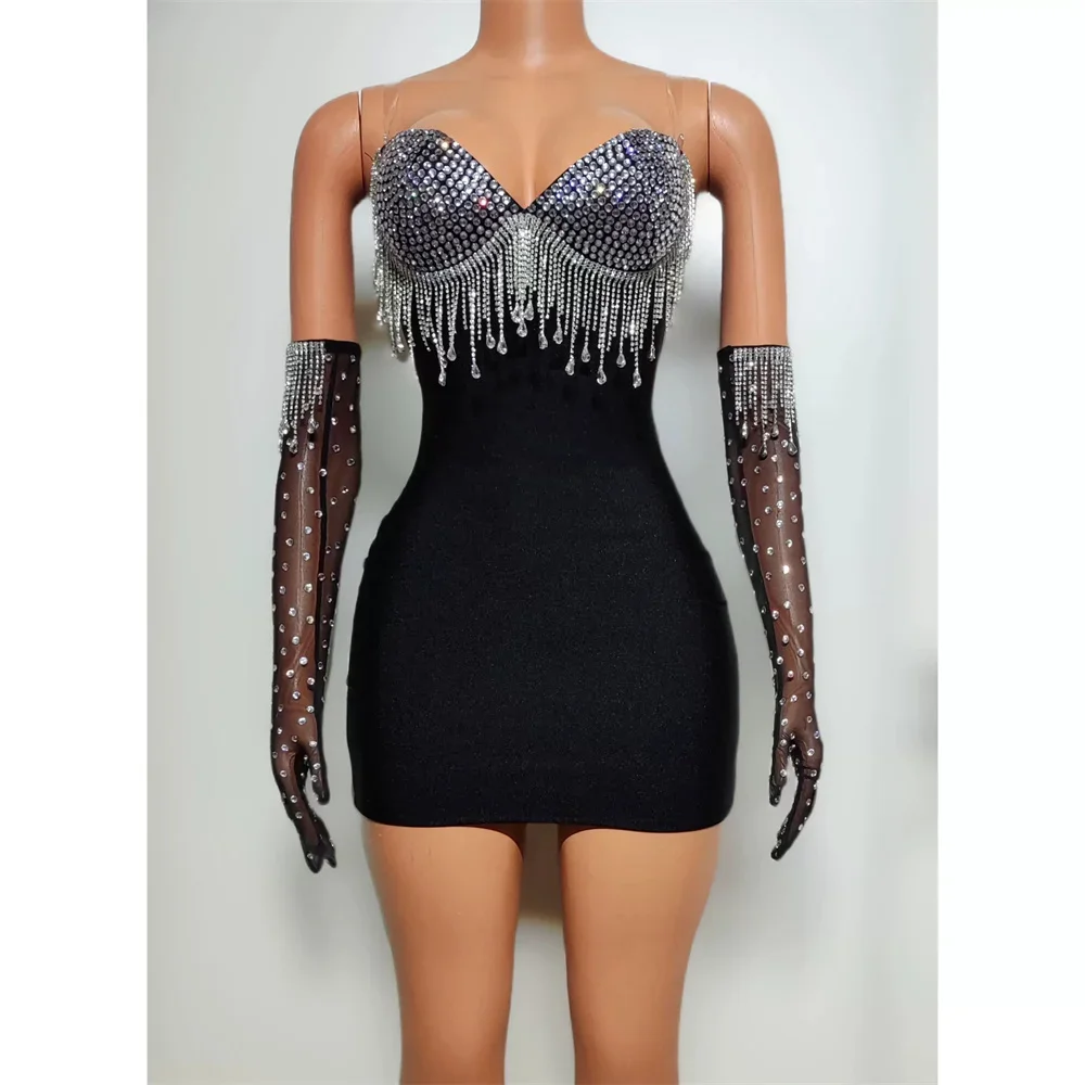 

Short Boycon Dress Black Rhinestones Tassel Mesh Long Gloves Birthday Party Outfit Women Bar Singer Stage Performance Costume