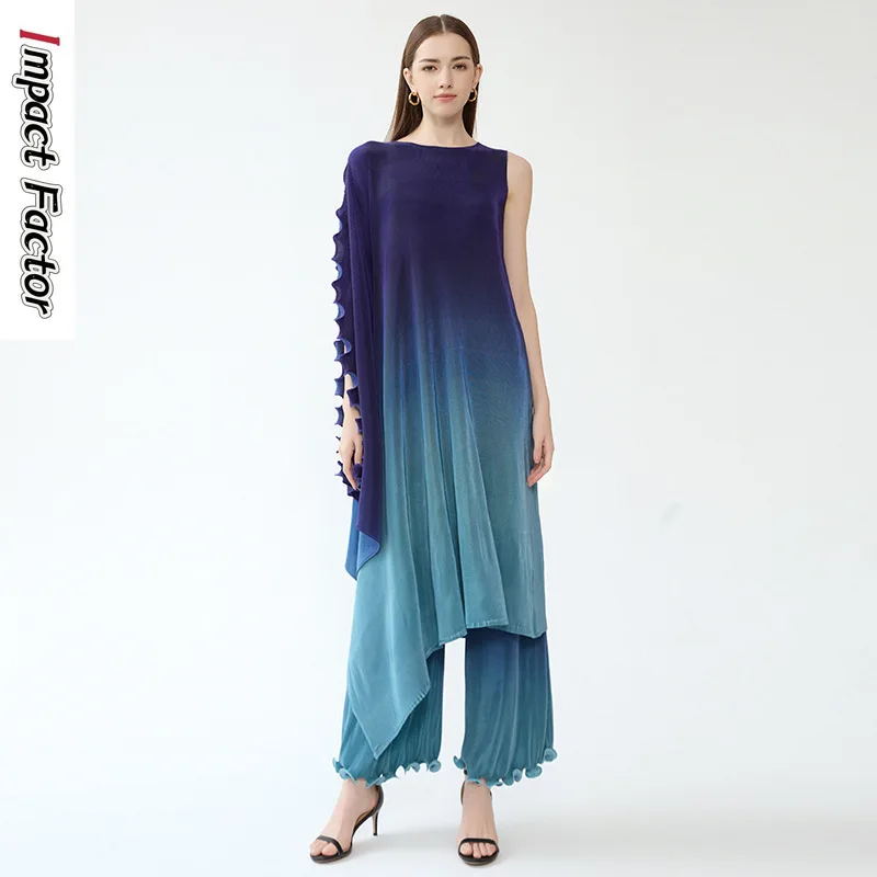 

2024 Spring/Summer New Irregular One Shoulder Sleeves Round Neck Gradient Pleated Dress Casual Pants Two Piece Set