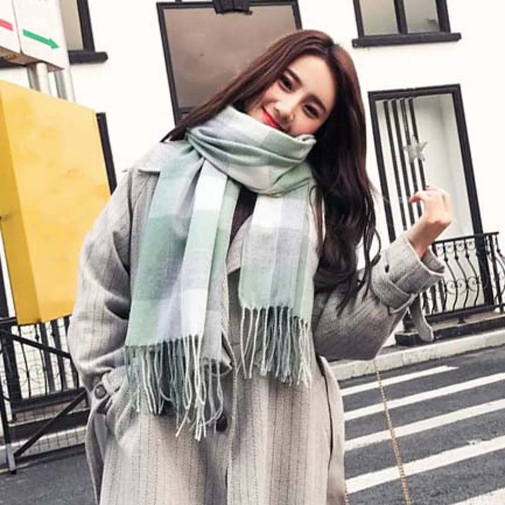 

Мягкий классический клетчатый шарф, морозостойкий вязаный шерстяной платок в корейском стиле, длинный шейный платок контрастного цвета из полиэстера с кисточками для пары