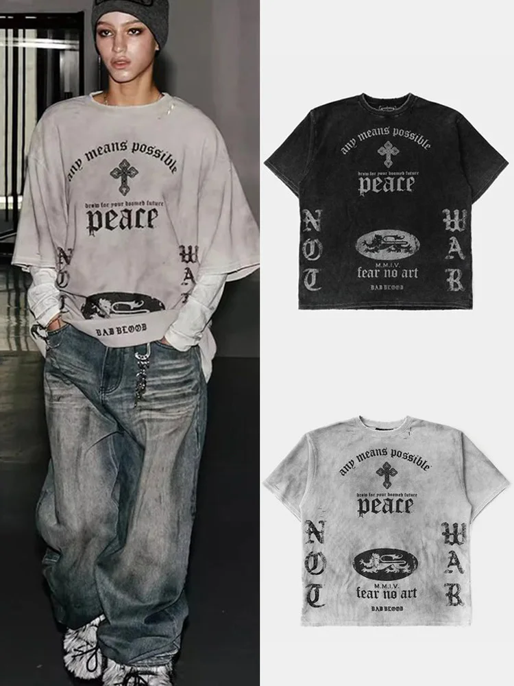 Retro Style Printed Short Sleeve T-Shirt Unisex Loose Fit Casual Streetwear Vintage Worn-In Look Fashionable for Men And Women