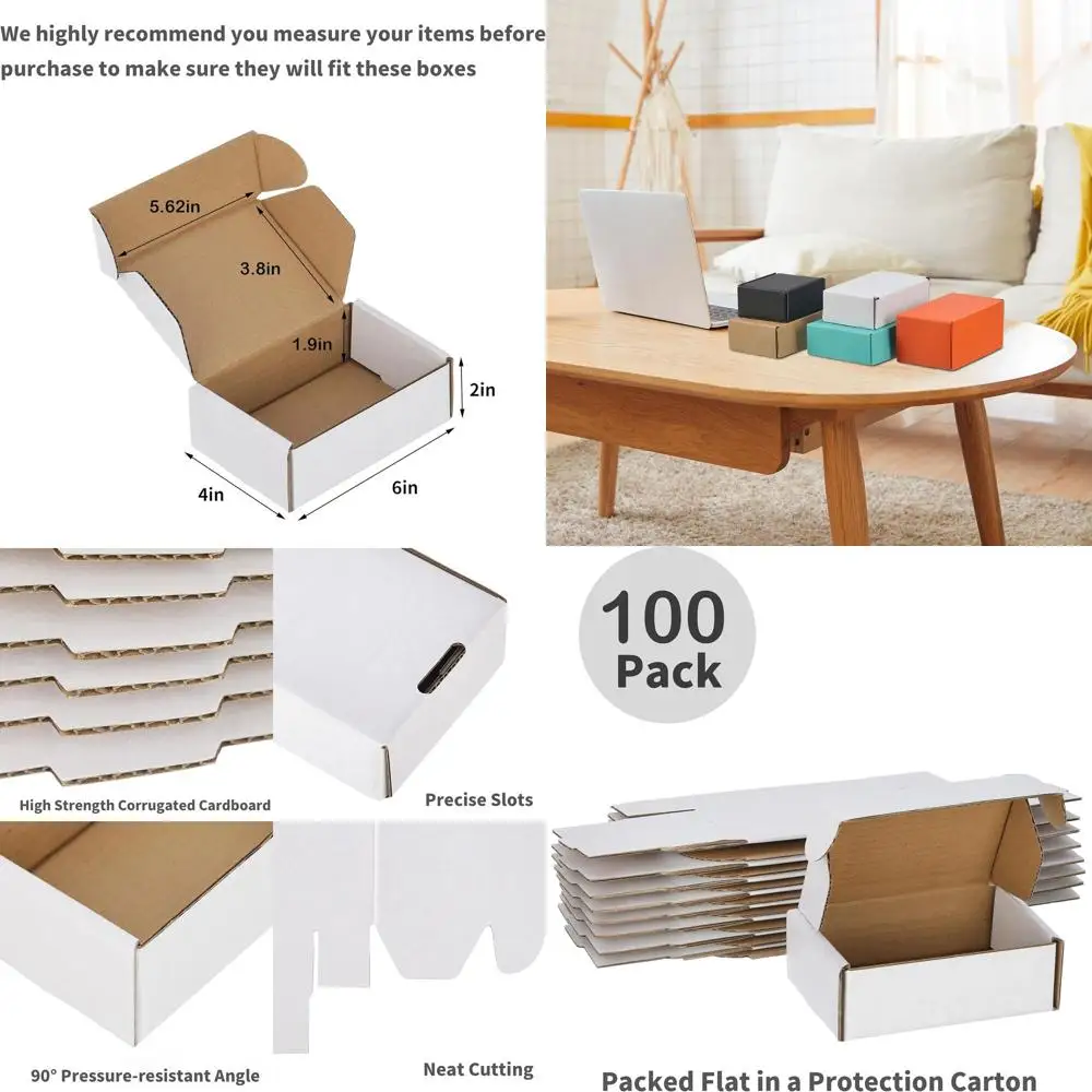 

100 Units 6x4x2 Kraft Cardboard Shipping Boxes, White for Mailing and Packaging