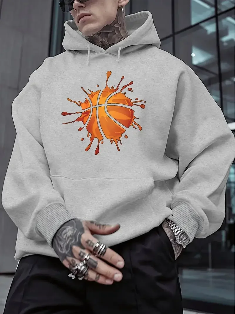 Men's autumn andwinter casual hooded sweatshirt basketball pattern print, long sleeved pullover with front pocket, machine washa