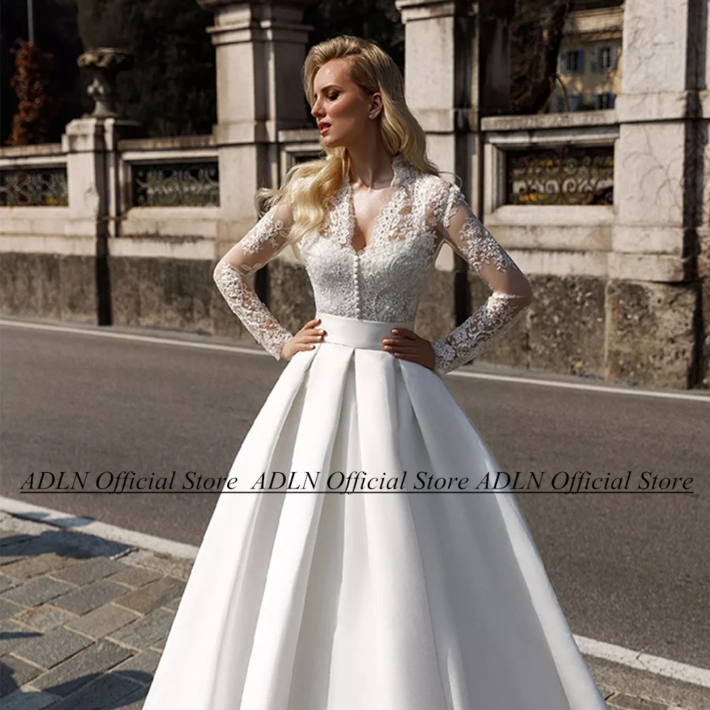 ADLN Lace Satin Wedding Dress V Neck Full Sleeves Applique Buttons A Line Bride Gown Sweep Train Bridal Dresses Vestido De Noiva